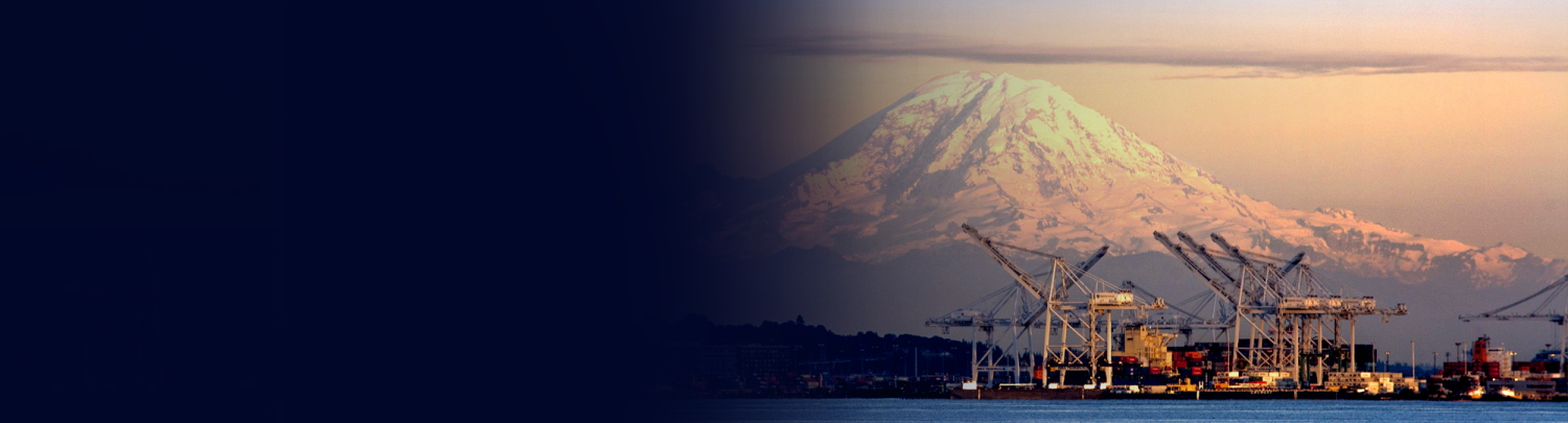 Port cranes operating with Mt. Rainier in the distant background